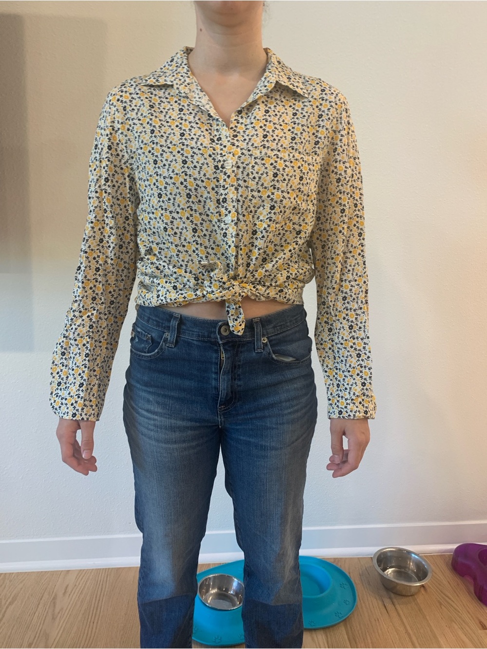 Yellow Floral Button-Down Tie-Front Shirt